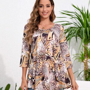 Tunic Tops for Women Plus Size 3/4 Sleeve Crew Neck Swing Flare Loose T-Shirt Blouses to Wear with Leggings