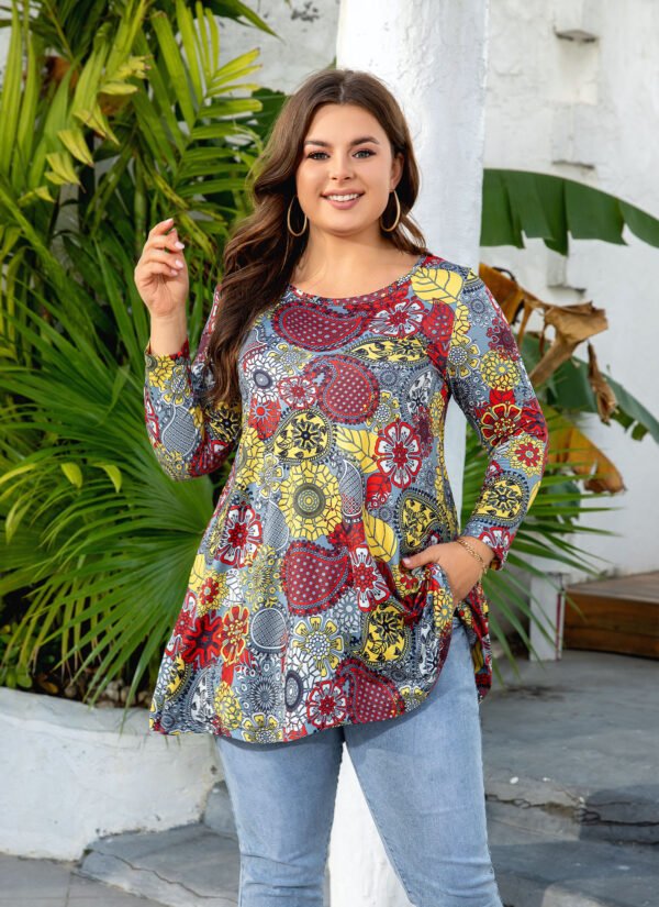 Womens Tunic Tops 3/4 Sleeve Plus Size Crew Neck Swing Flare Loose Fit T-Shirt Blouses to Wear with Leggings - Image 8