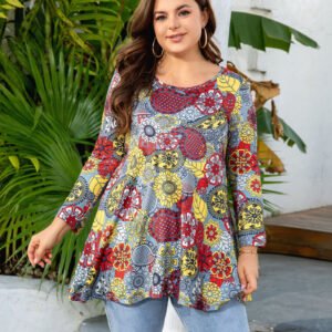 Womens Tunic Tops 3/4 Sleeve Plus Size Crew Neck Swing Flare Loose Fit T-Shirt Blouses to Wear with Leggings