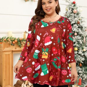 Tunic Tops for Women Plus Size 3/4 Sleeve Crew Neck Swing Flare Loose T-Shirt Blouses to Wear with Leggings