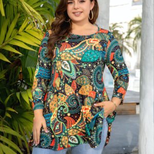 Womens Tunic Tops 3/4 Sleeve Plus Size Crew Neck Swing Flare Loose Fit T-Shirt Blouses to Wear with Leggings