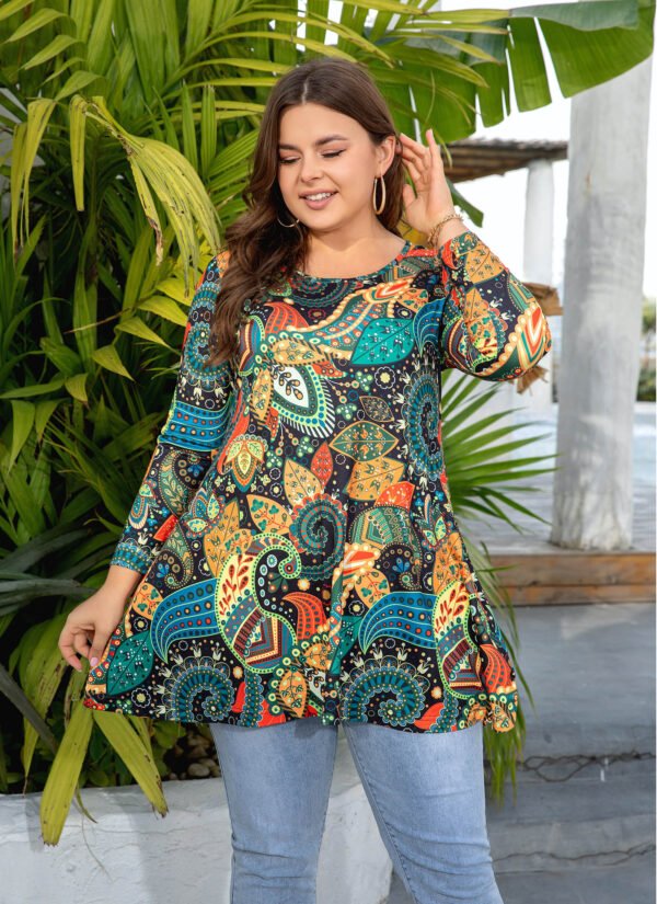 Womens Tunic Tops 3/4 Sleeve Plus Size Crew Neck Swing Flare Loose Fit T-Shirt Blouses to Wear with Leggings - Image 2