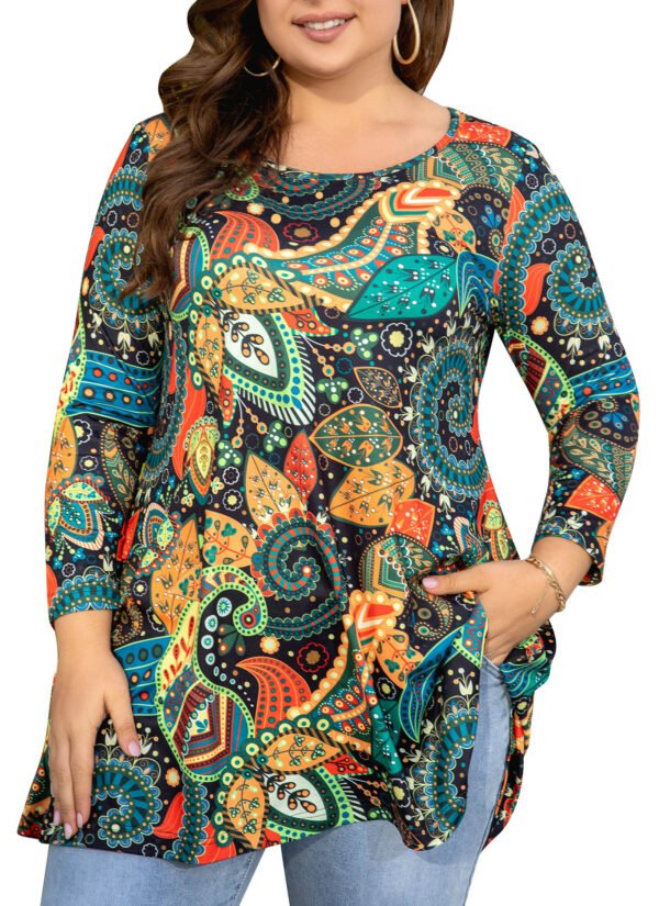Womens Tunic Tops 3/4 Sleeve Plus Size Crew Neck Swing Flare Loose Fit T-Shirt Blouses to Wear with Leggings - Image 6