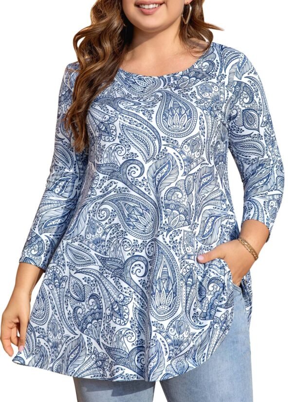 Womens Tunic Tops 3/4 Sleeve Plus Size Crew Neck Swing Flare Loose Fit T-Shirt Blouses to Wear with Leggings - Image 6