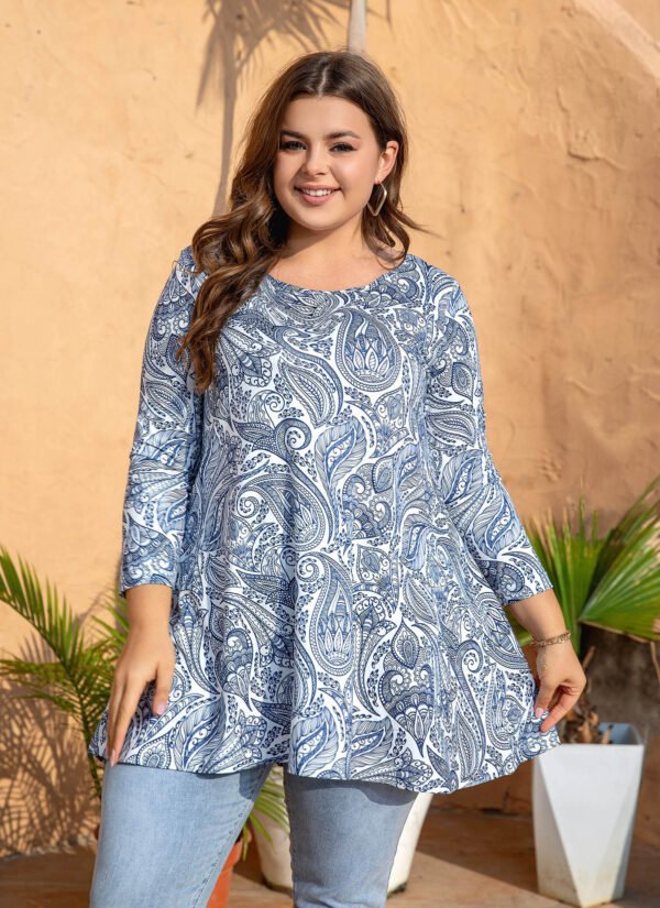 Womens Tunic Tops 3/4 Sleeve Plus Size Crew Neck Swing Flare Loose Fit T-Shirt Blouses to Wear with Leggings - Image 5