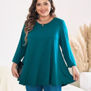 Womens Tunic Tops 3/4 Sleeve Plus Size Crew Neck Swing Flare Loose Fit T-Shirt Blouses to Wear with Leggings