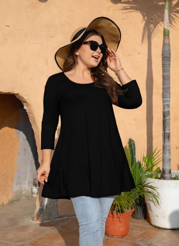 Womens Tunic Tops 3/4 Sleeve Plus Size Crew Neck Swing Flare Loose Fit T-Shirt Blouses to Wear with Leggings - Image 7