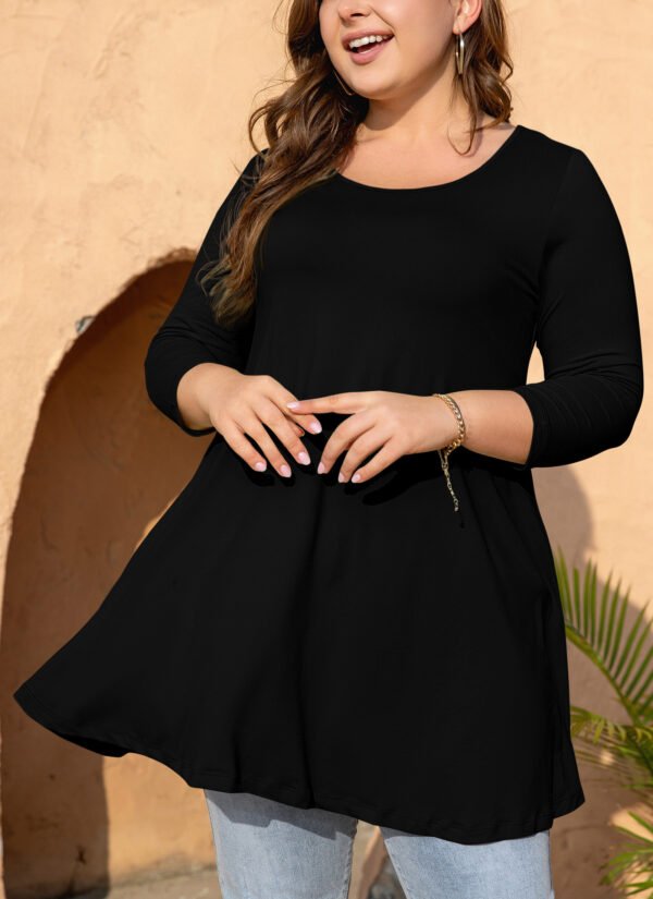 Womens Tunic Tops 3/4 Sleeve Plus Size Crew Neck Swing Flare Loose Fit T-Shirt Blouses to Wear with Leggings - Image 3