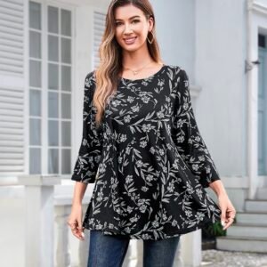 Tunic Tops for Women Plus Size 3/4 Sleeve Crew Neck Swing Flare Loose T-Shirt Blouses to Wear with Leggings