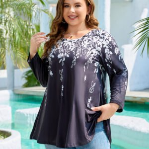 Womens Tunic 3/4 Sleeve Plus Size Tops Crew Neck Swing Flowy Loose Fit T-Shirt Blouses to Wear with Leggings