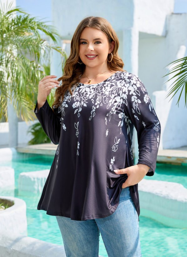 Womens Tunic 3/4 Sleeve Plus Size Tops Crew Neck Swing Flowy Loose Fit T-Shirt Blouses to Wear with Leggings