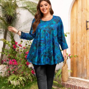 Womens Tunic 3/4 Sleeve Plus Size Tops Crew Neck Swing Flowy Loose Fit T-Shirt Blouses to Wear with Leggings