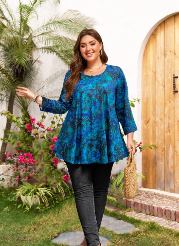 Womens Tunic 3/4 Sleeve Plus Size Tops Crew Neck Swing Flowy Loose Fit T-Shirt Blouses to Wear with Leggings