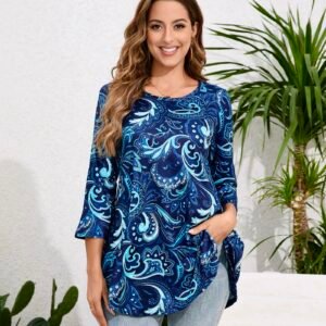 Tunic Tops for Women Plus Size 3/4 Sleeve Crew Neck Swing Flare Loose T-Shirt Blouses to Wear with Leggings