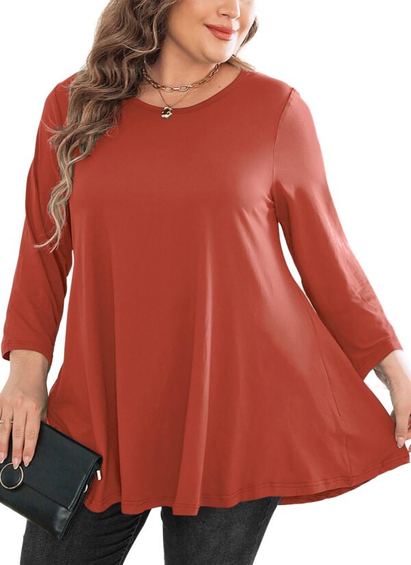 Womens Tunic Tops 3/4 Sleeve Plus Size Crew Neck Swing Flare Loose Fit T-Shirt Blouses to Wear with Leggings - Image 6