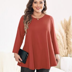 Womens Tunic Tops 3/4 Sleeve Plus Size Crew Neck Swing Flare Loose Fit T-Shirt Blouses to Wear with Leggings