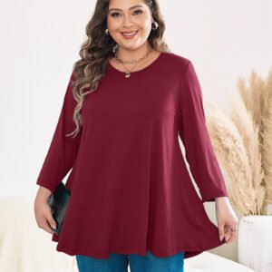 Womens Tunic Tops 3/4 Sleeve Plus Size Crew Neck Swing Flare Loose Fit T-Shirt Blouses to Wear with Leggings