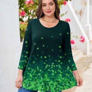 Tunic Tops for Women Plus Size 3/4 Sleeve Crew Neck Swing Flare Loose T-Shirt Blouses to Wear with Leggings Four-leaf clover