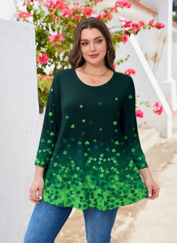 Tunic Tops for Women Plus Size 3/4 Sleeve Crew Neck Swing Flare Loose T-Shirt Blouses to Wear with Leggings Four-leaf clover