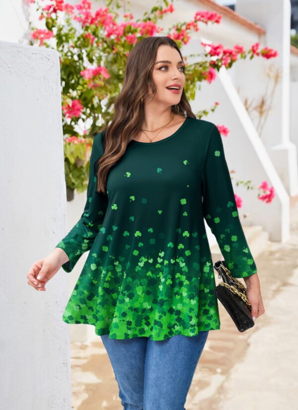 Tunic Tops for Women Plus Size 3/4 Sleeve Crew Neck Swing Flare Loose T-Shirt Blouses to Wear with Leggings Four-leaf clover - Image 2