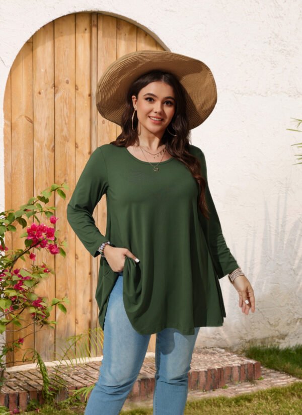 Womens Tunic Tops 3/4 Sleeve Plus Size Crew Neck Swing Flare Loose Fit T-Shirt Blouses to Wear with Leggings - Image 2