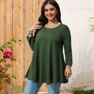 Womens Tunic Tops 3/4 Sleeve Plus Size Crew Neck Swing Flare Loose Fit T-Shirt Blouses to Wear with Leggings