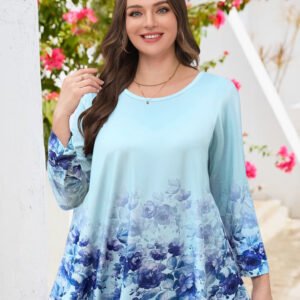 Tunic Tops for Women Plus Size 3/4 Sleeve Crew Neck Swing Flare Loose T-Shirt Blouses to Wear with Leggings