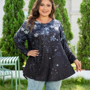 Womens Tunic 3/4 Sleeve Plus Size Tops Crew Neck Swing Flowy Loose Fit T-Shirt Blouses to Wear with Leggings