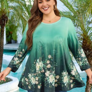 Tunic Tops for Women Plus Size 3/4 Sleeve Crew Neck Swing Flare Loose T-Shirt Blouses to Wear with Leggings