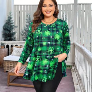 Tunic Tops for Women Plus Size 3/4 Sleeve Crew Neck Swing Flare Loose T-Shirt Blouses to Wear with Leggings Four-leaf clover