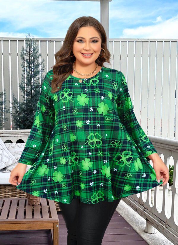 Tunic Tops for Women Plus Size 3/4 Sleeve Crew Neck Swing Flare Loose T-Shirt Blouses to Wear with Leggings Four-leaf clover - Image 2