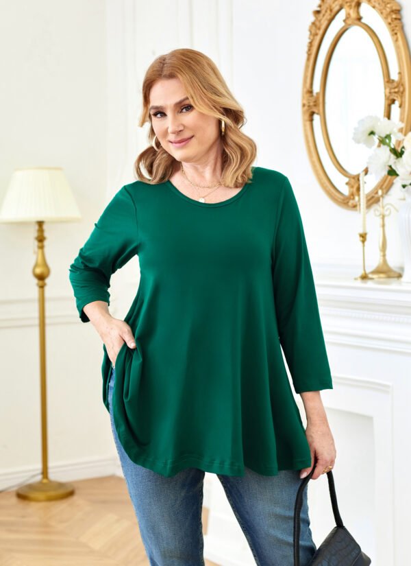Tunic Tops for Women Plus Size 3/4 Sleeve Crew Neck Swing Flare Loose T-Shirt Blouses to Wear with Leggings