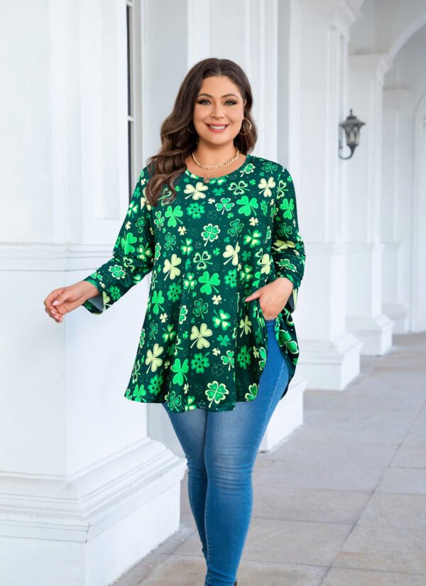 Tunic Tops for Women Plus Size 3/4 Sleeve Crew Neck Swing Flare Loose T-Shirt Blouses to Wear with Leggings Four-leaf clover - Image 8