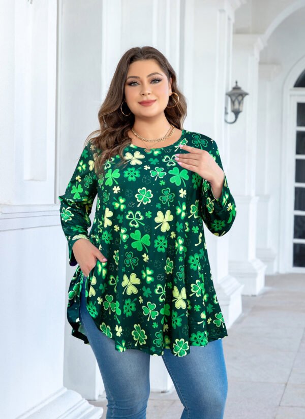 Tunic Tops for Women Plus Size 3/4 Sleeve Crew Neck Swing Flare Loose T-Shirt Blouses to Wear with Leggings Four-leaf clover