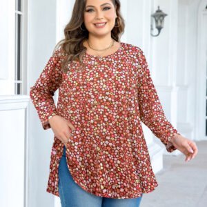 Tunic Tops for Women Plus Size 3/4 Sleeve Crew Neck Swing Flare Loose T-Shirt Blouses to Wear with Leggings