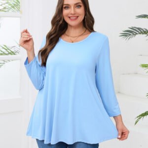 Womens Tunic 3/4 Sleeve Plus Size Tops Crew Neck Swing Flowy Loose Fit T-Shirt Blouses to Wear with Leggings