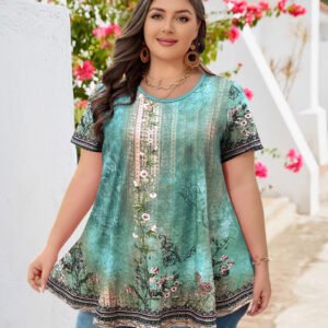 Tunic Tops for Women Plus Size Short Sleeve Crew Neck Swing Flare Loose T-Shirt Blouses to Wear with Leggings
