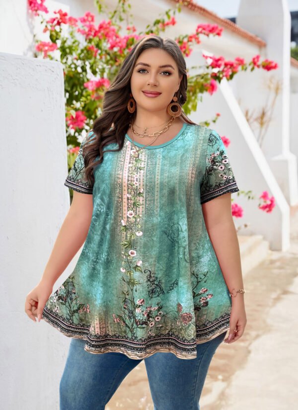 Tunic Tops for Women Plus Size Short Sleeve Crew Neck Swing Flare Loose T-Shirt Blouses to Wear with Leggings