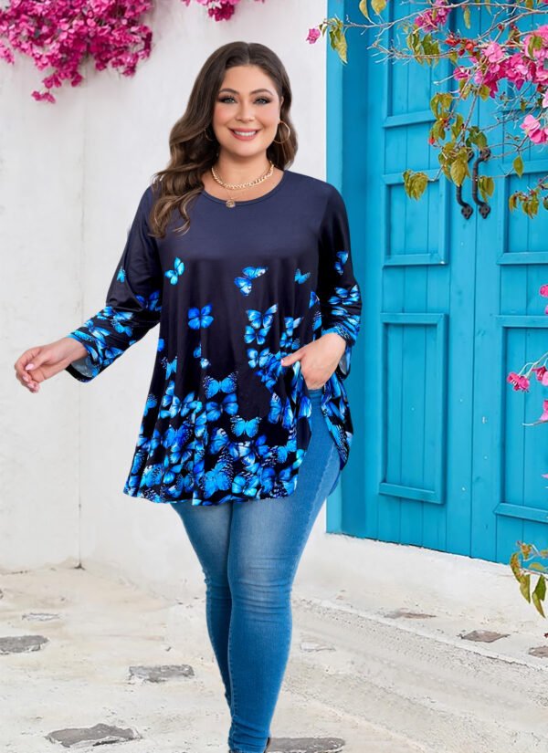 Womens Tunic 3/4 Sleeve Plus Size Tops Crew Neck Swing Flowy Loose Fit T-Shirt Blouses to Wear with Leggings - Image 2