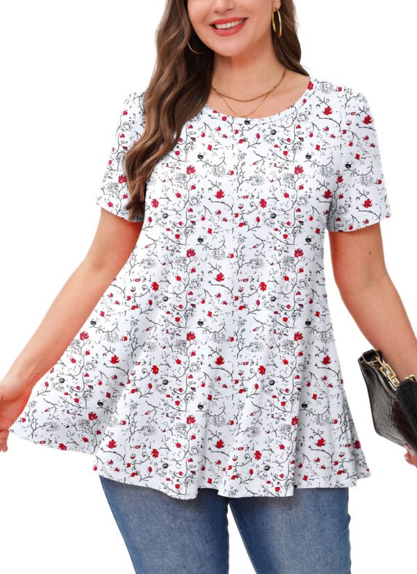 Tunic Tops for Women Plus Size Short Sleeve Crew Neck Swing Flare Loose T-Shirt Blouses to Wear with Leggings - Image 9