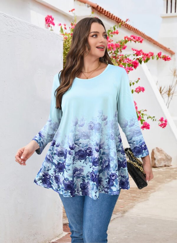 Tunic Tops for Women Plus Size 3/4 Sleeve Crew Neck Swing Flare Loose T-Shirt Blouses to Wear with Leggings - Image 2
