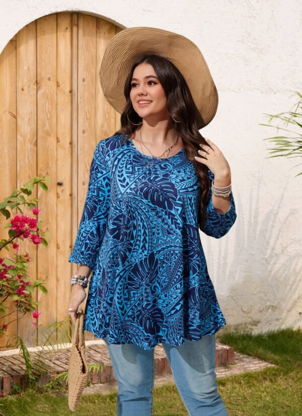 Womens Tunic Tops 3/4 Sleeve Plus Size Crew Neck Swing Flare Loose Fit T-Shirt Blouses to Wear with Leggings - Image 4