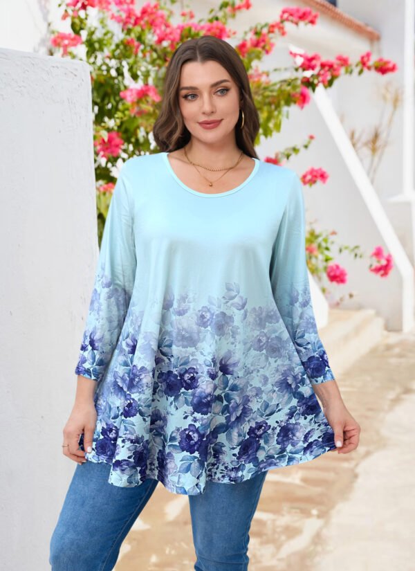 Tunic Tops for Women Plus Size 3/4 Sleeve Crew Neck Swing Flare Loose T-Shirt Blouses to Wear with Leggings - Image 3