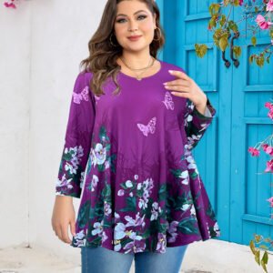Womens Tunic 3/4 Sleeve Plus Size Tops Crew Neck Swing Flowy Loose Fit T-Shirt Blouses to Wear with Leggings