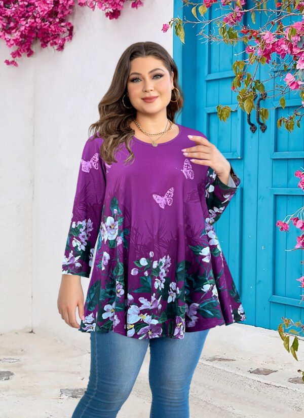 Womens Tunic 3/4 Sleeve Plus Size Tops Crew Neck Swing Flowy Loose Fit T-Shirt Blouses to Wear with Leggings