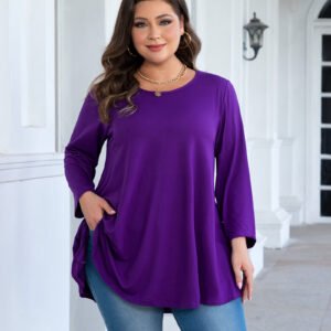 Womens Tunic Tops 3/4 Sleeve Plus Size Crew Neck Swing Flare Loose Fit T-Shirt Blouses to Wear with Leggings