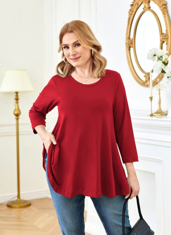 Tunic Tops for Women Plus Size 3/4 Sleeve Crew Neck Swing Flare Loose T-Shirt Blouses to Wear with Leggings - Image 2