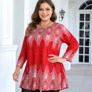 Tunic Tops for Women Plus Size 3/4 Sleeve Crew Neck Swing Flare Loose T-Shirt Blouses to Wear with Leggings