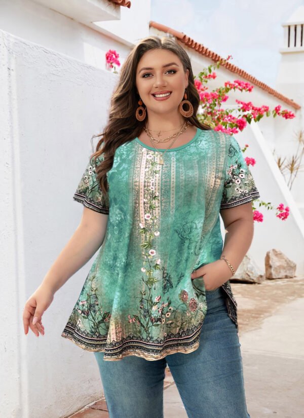 Tunic Tops for Women Plus Size Short Sleeve Crew Neck Swing Flare Loose T-Shirt Blouses to Wear with Leggings - Image 4