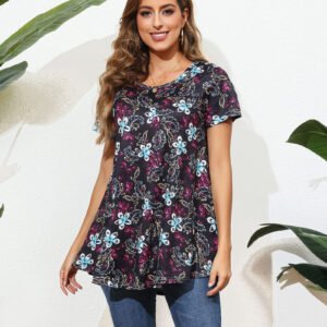 Tunic Tops for Women Plus Size Short Sleeve Crew Neck Swing Flare Loose T-Shirt Blouses to Wear with Leggings